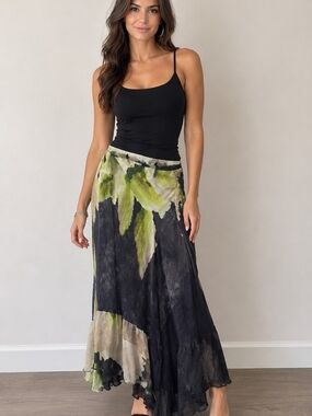 Flowing Black Maxi Skirt with Green Floral Wash